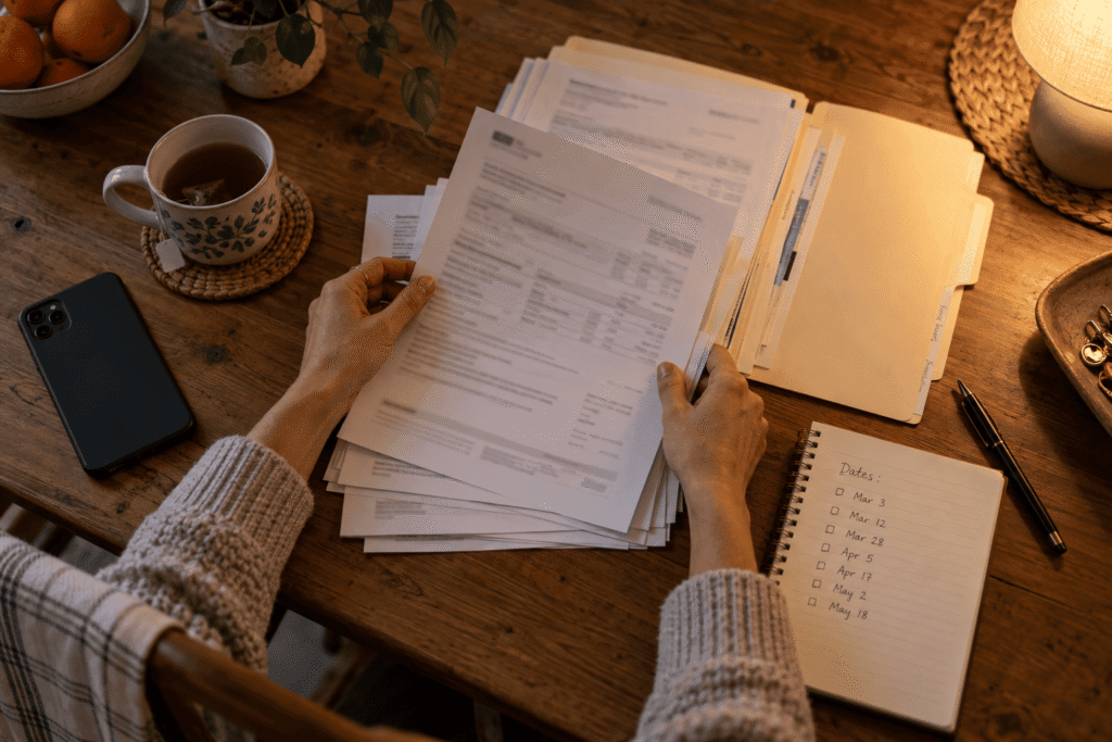 Hands sorting dated ICE detention papers and a notebook on a kitchen table before a habeas corpus consultation