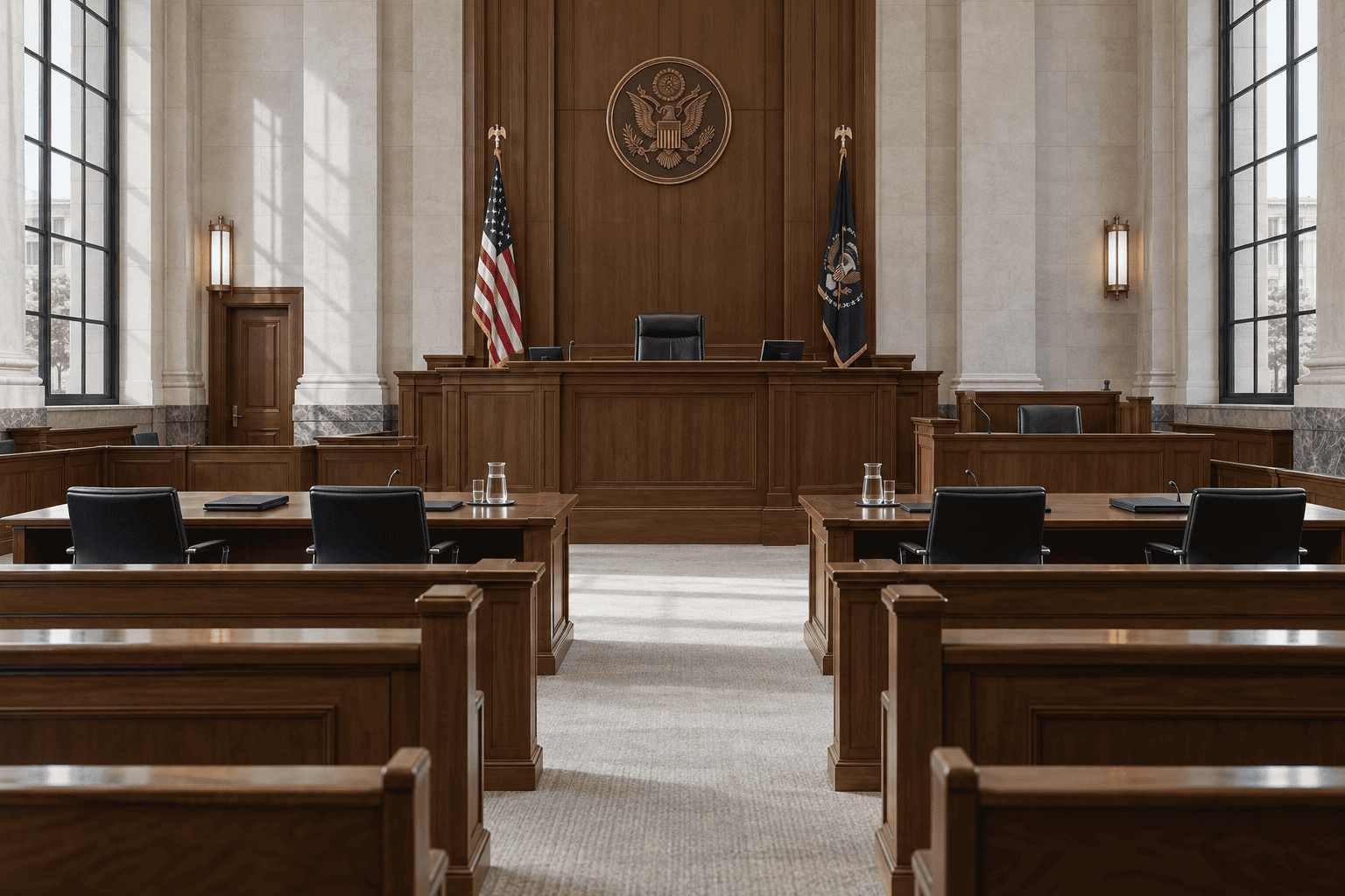 Empty federal courtroom with a judge's bench and counsel tables, where a habeas corpus petition challenging ICE detention is decided