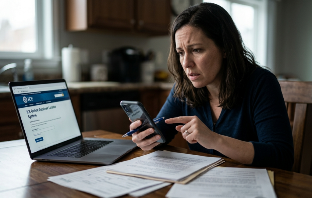 A worried family member locating a loved one who has been detained by ICE using the online detainee locator system.