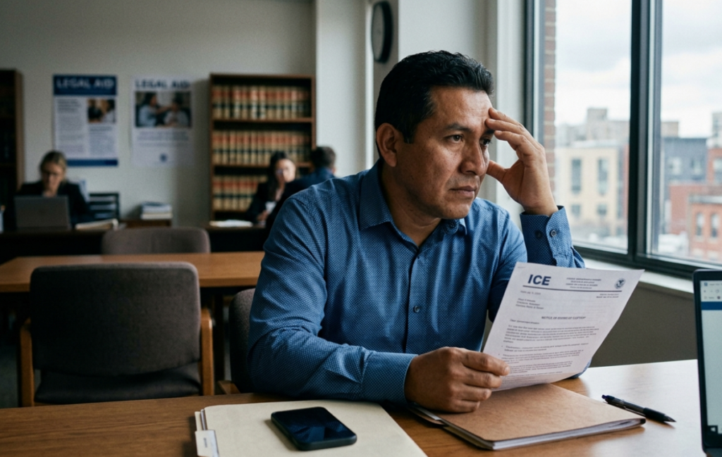 Bir hukuk bürosunda, ICE mektubu inceleyen endişeli adam ve bulanık hukuk uzmanları. ICE gözaltı süreci için acil rehber görseli.