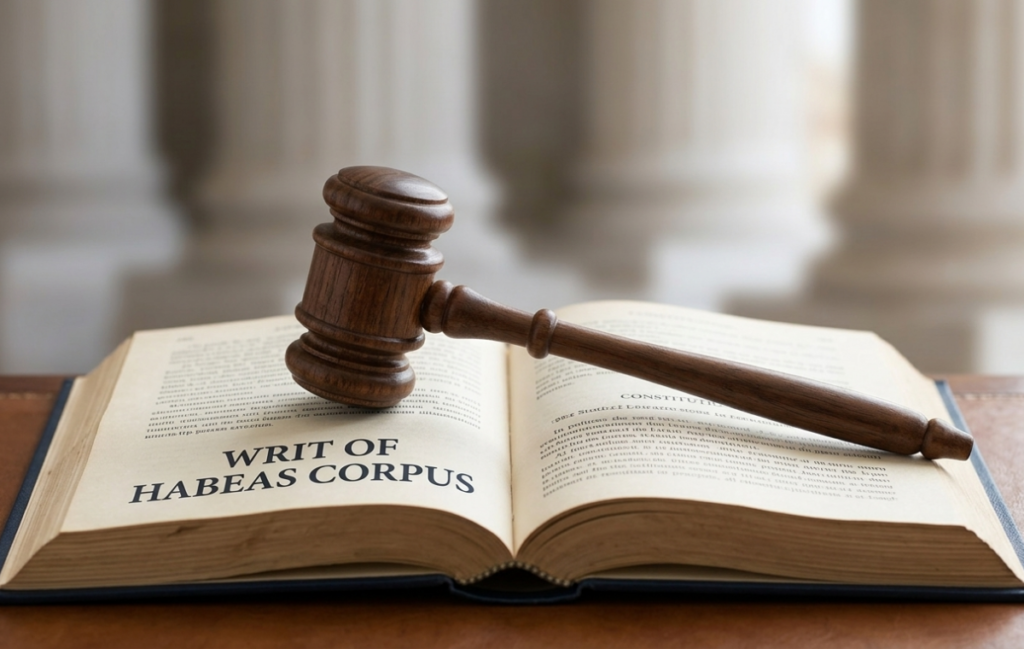 A professional gavel on a law book with the text "Writ of Habeas Corpus" representing legal defense against ICE detention.