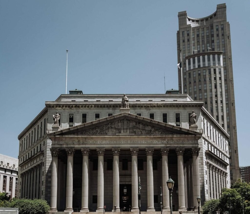 Federal courthouse exterior with marble columns where habeas petitions are filed
