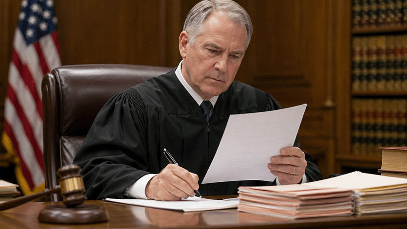 Judge reviewing legal documents related to an ICE detention habeas petition