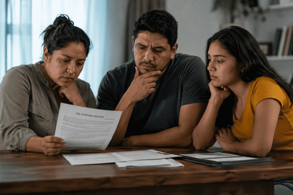 Family reviewing ICE custody papers after a mandatory detention challenge immigration concern