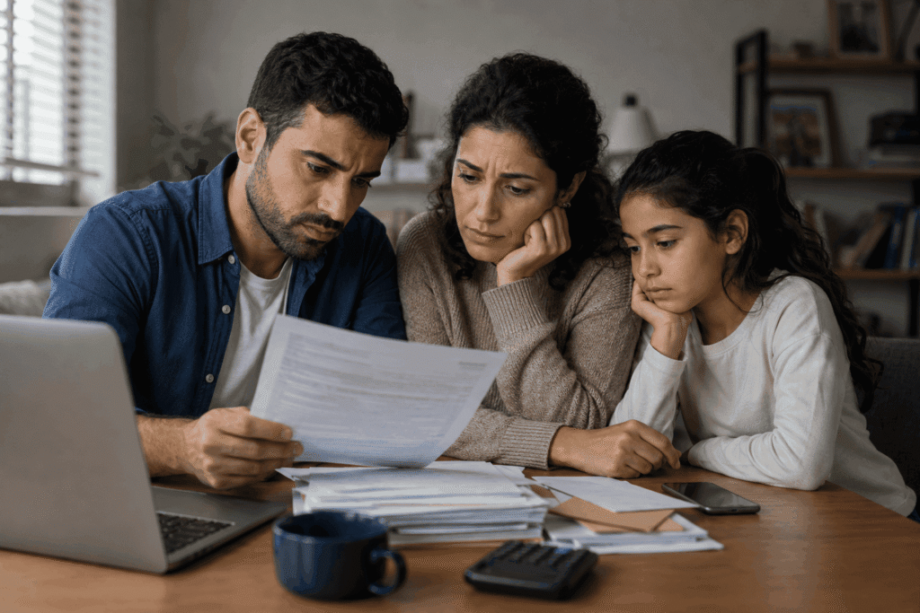 Family reviewing urgent detention paperwork after an out-of-state ICE transfer notice