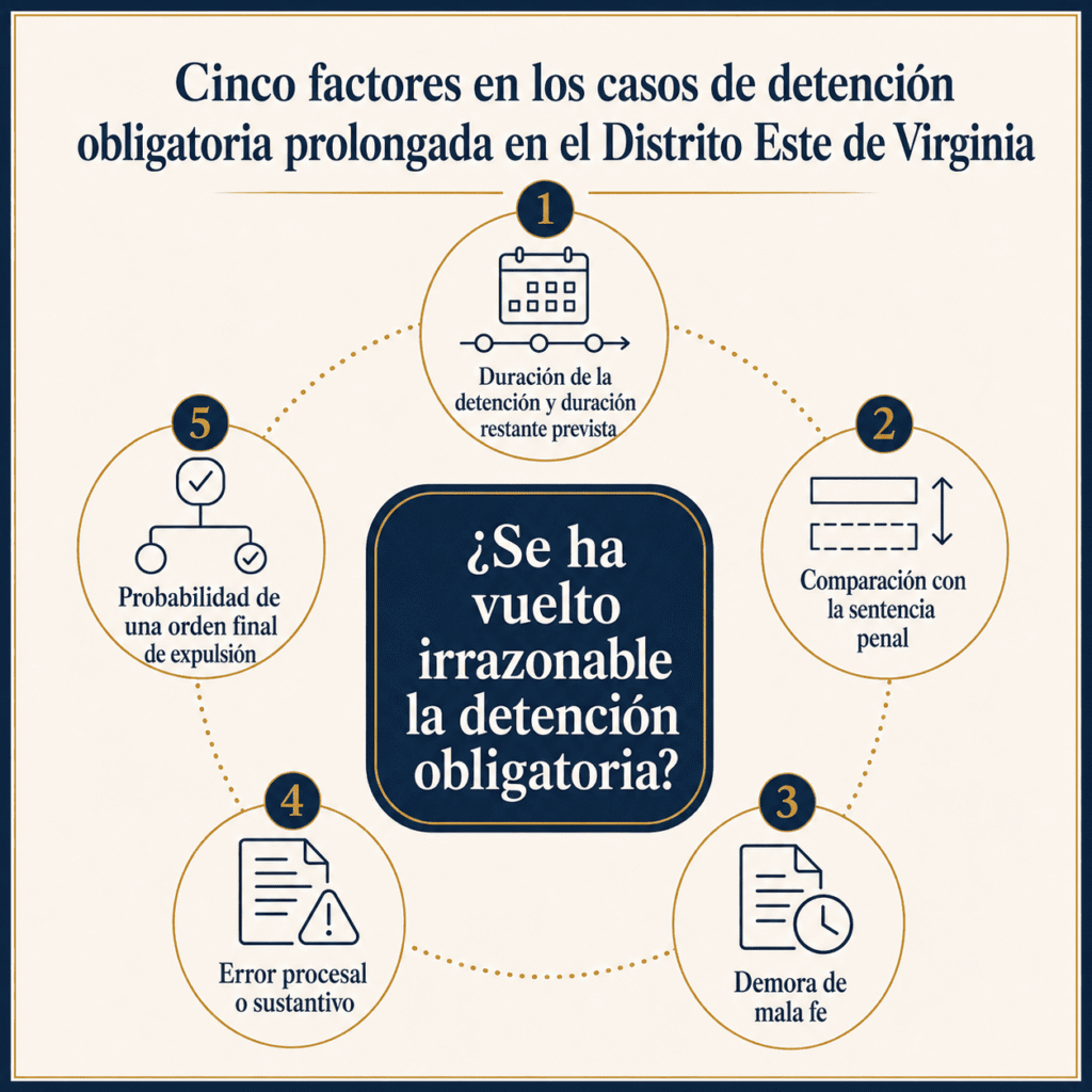 Cinco factores usados por el Distrito Este de Virginia para analizar la detención obligatoria prolongada de ICE