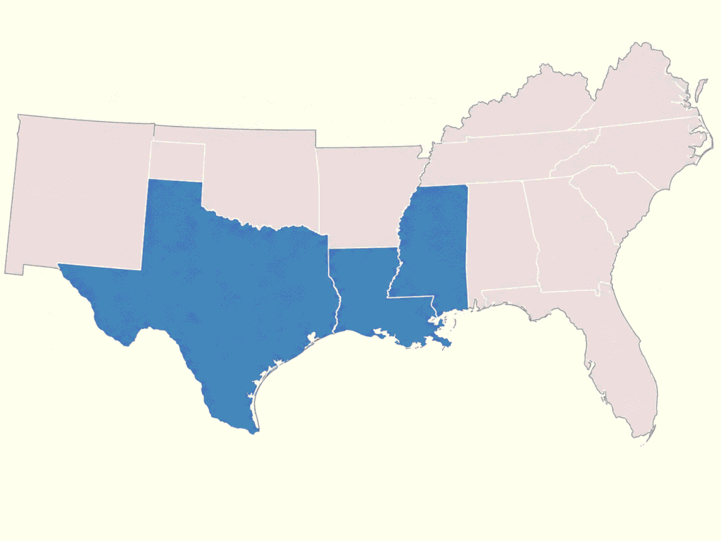Map highlighting Texas Louisiana and Mississippi within the Fifth Circuit