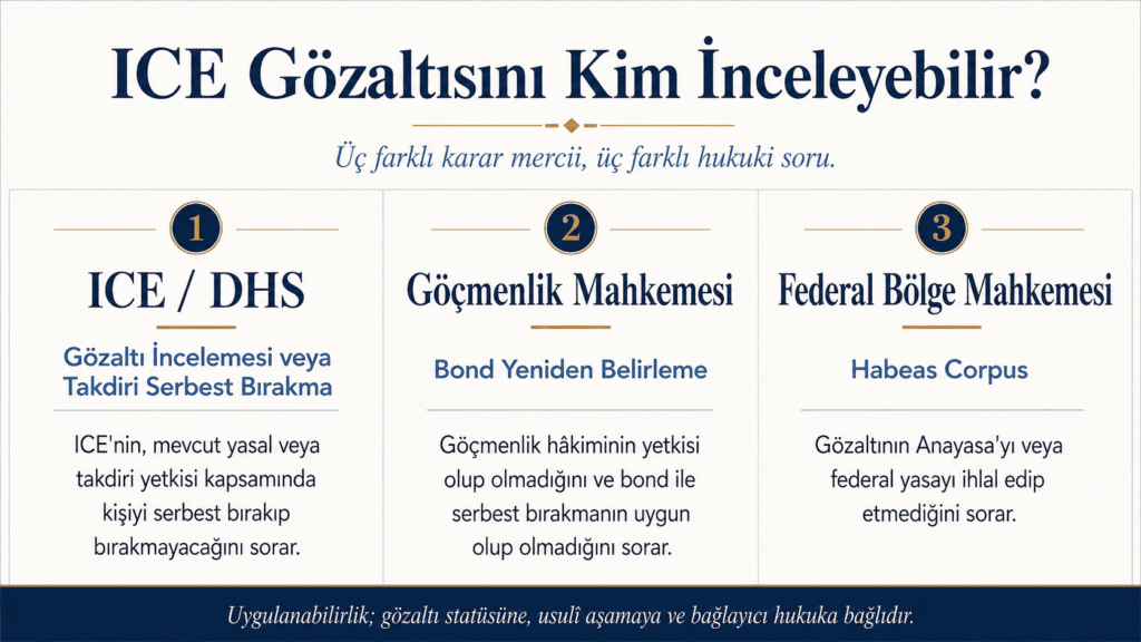 ICE, göçmenlik mahkemesi ve federal mahkemenin gözaltı inceleme yetkilerinin karşılaştırması