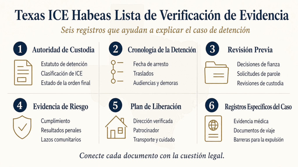 Lista de seis categorías principales de evidencia para una petición de habeas de ICE en Texas