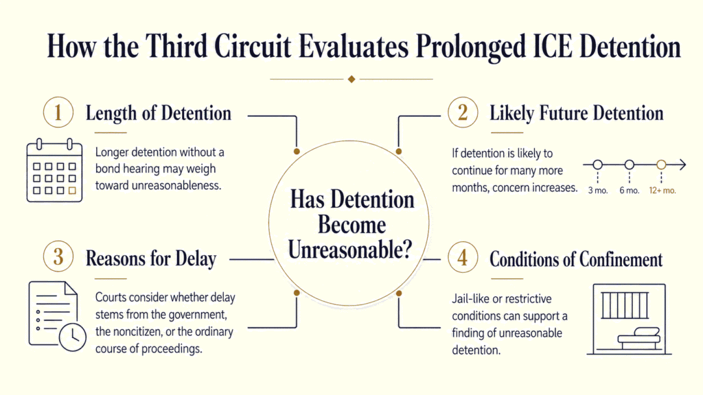 Infographic explaining the four Third Circuit factors for determining whether prolonged ICE detention has become unreasonable