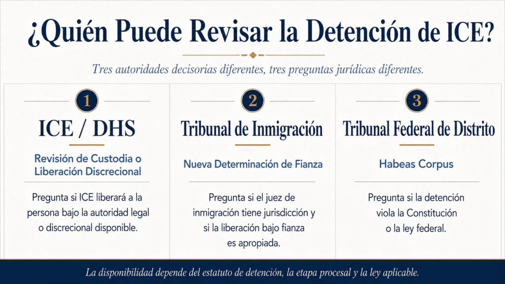 Comparación de la autoridad de ICE, la corte de inmigración y la corte federal para revisar una detención migratoria