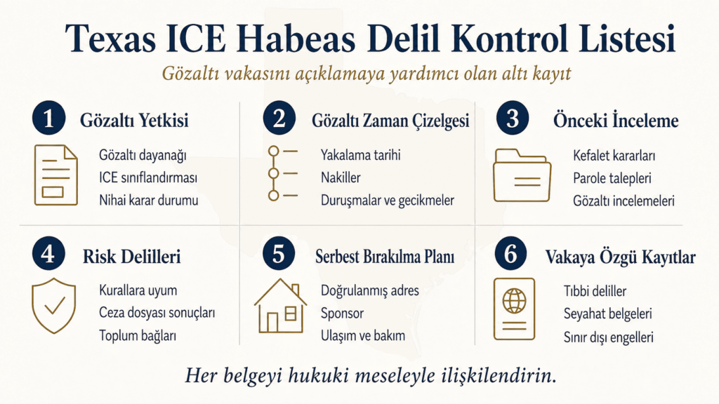 Texas ICE habeas başvurusu için altı temel delil kategorisini gösteren kontrol listesi