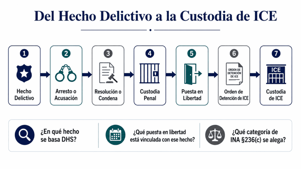 Cronología desde el evento penal y la liberación hasta la detención de ICE para analizar INA 236(c)