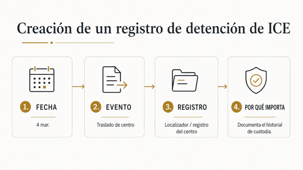 Sistema de cuatro pasos que conecta fecha, evento, registro y relevancia en una revisión de habeas por detención de ICE