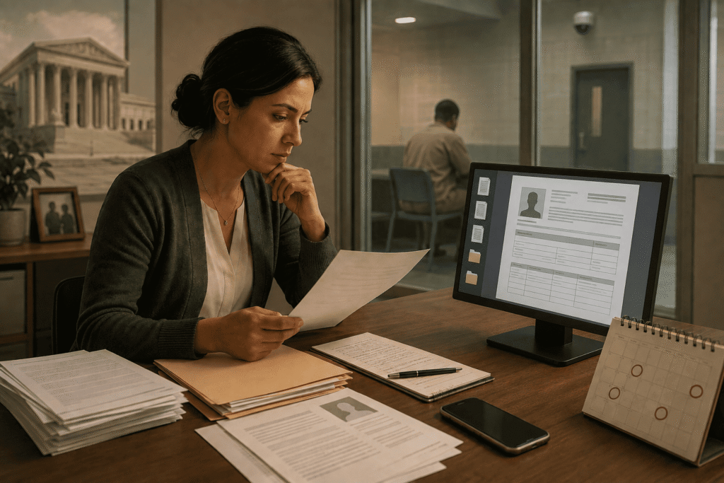 Family member organizing ICE detention records while speaking with a habeas lawyer