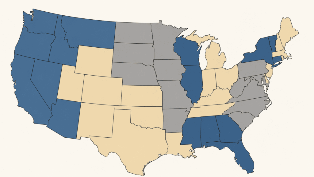 Map of the United States divided into federal appellate circuits showing where prolonged ICE detention claims are recognized
