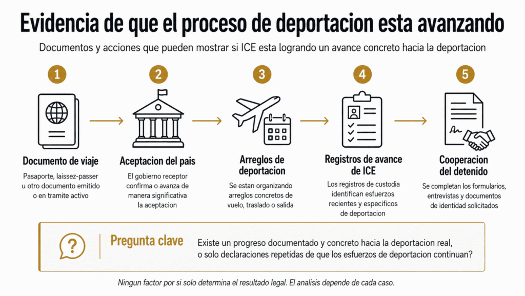 Mapa de pruebas sobre documentos de viaje, aceptación del país, gestiones de ICE y cooperación de una persona detenida