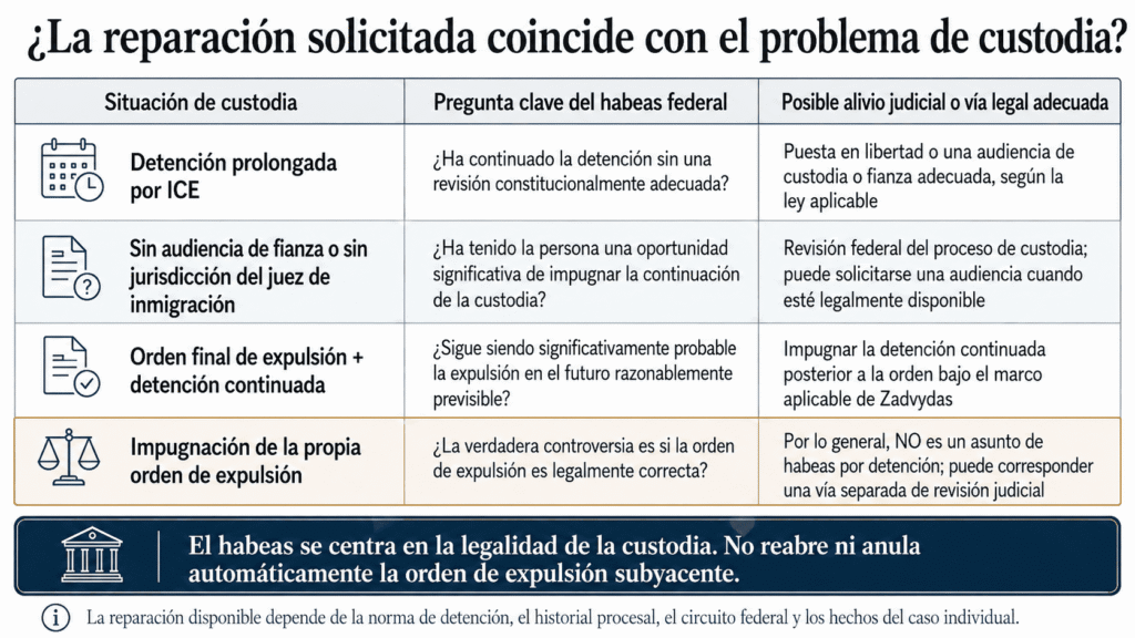 Comparación entre problemas de custodia de ICE y los remedios que pueden evaluarse en una petición federal de habeas corpus