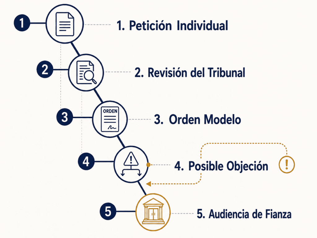 Proceso de cinco etapas desde una petición individual de habeas en Stewart hasta una posible audiencia de fianza