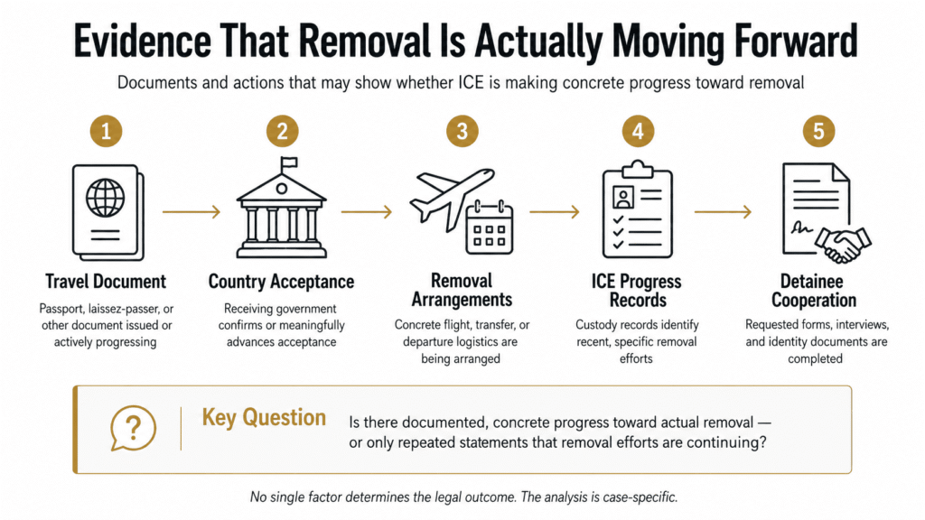 Evidence map showing travel documents, receiving-country acceptance, ICE removal efforts, and detainee cooperation in a Zadvydas analysis