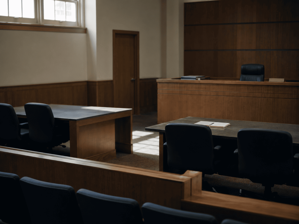 Sala de corte de inmigración vacía donde una jueza declinó jurisdicción sobre una solicitud de fianza