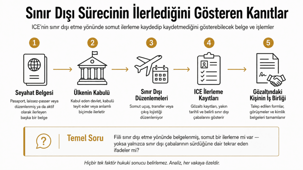 Seyahat belgesi, ülke kabulü, ICE removal çalışmaları ve kişinin iş birliğini gösteren delil haritası