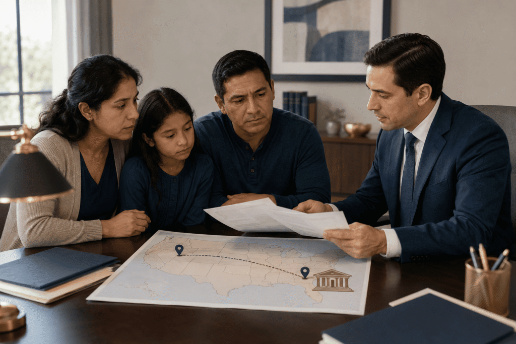 Family and attorney reviewing the correct federal court for a habeas petition after an ICE transfer