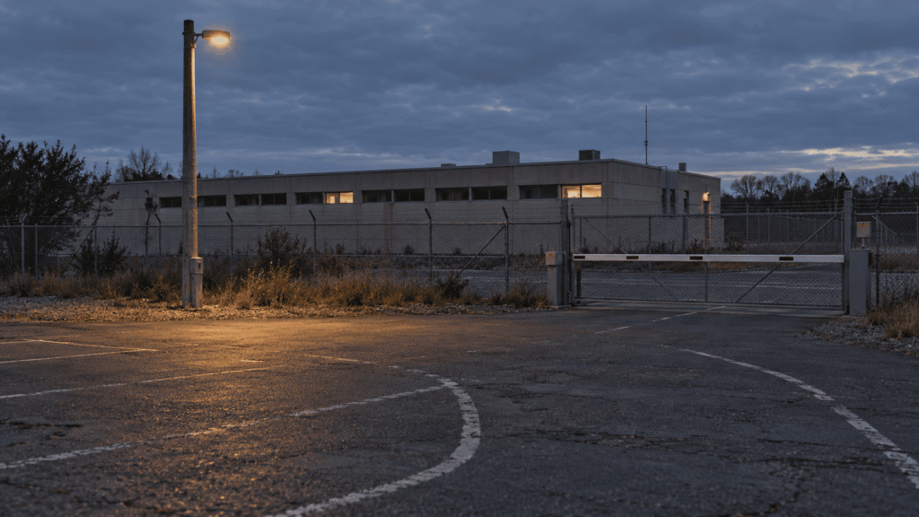 Área de espera vacía junto al portón cerrado de un centro de detención al anochecer