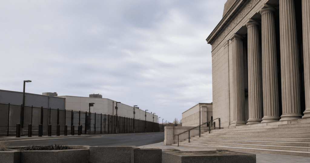 Federal courthouse and detention facility imagery representing a Delaney Hall habeas case in Newark, New Jersey