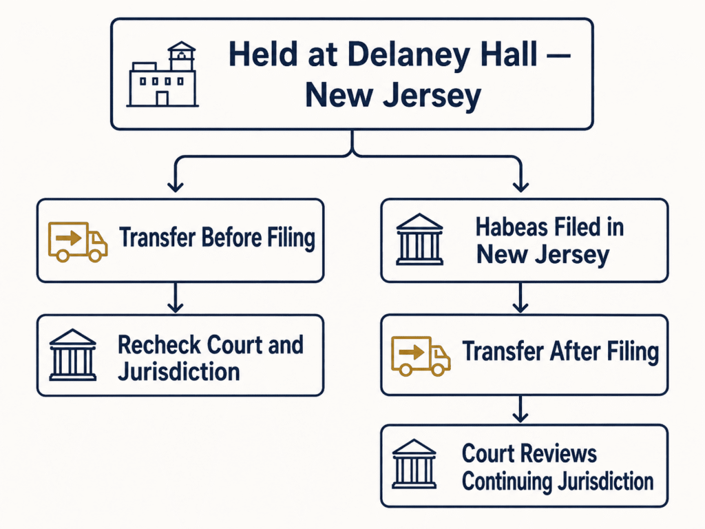 Simple process diagram showing how an ICE transfer from Delaney Hall can affect a federal habeas case