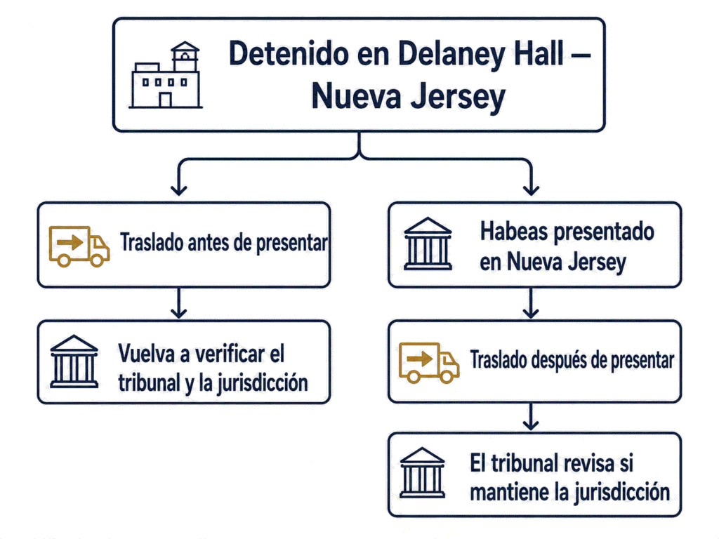 Diagrama sobre cómo un traslado de ICE desde Delaney Hall puede afectar la jurisdicción de una petición de habeas corpus