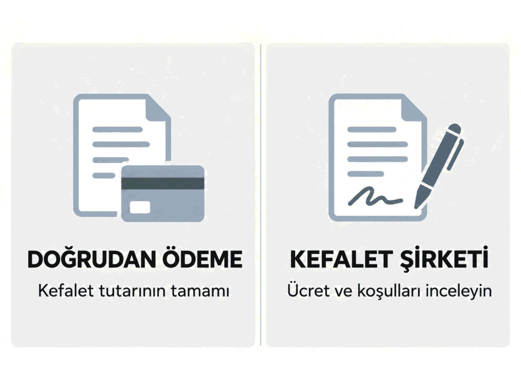 Göçmenlik kefalet tutarı doğrudan ödeme ile kefalet şirketi üzerinden ödeme işlemini karşılaştıran görsel