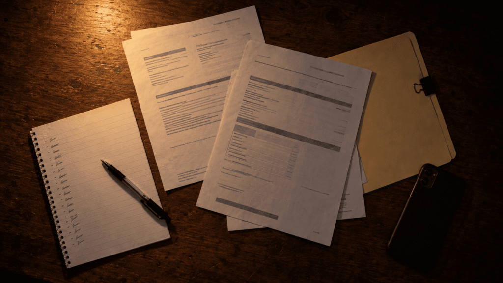 Receipt notices, an I-94 printout and a handwritten custody timeline assembled on a desk under a lamp.