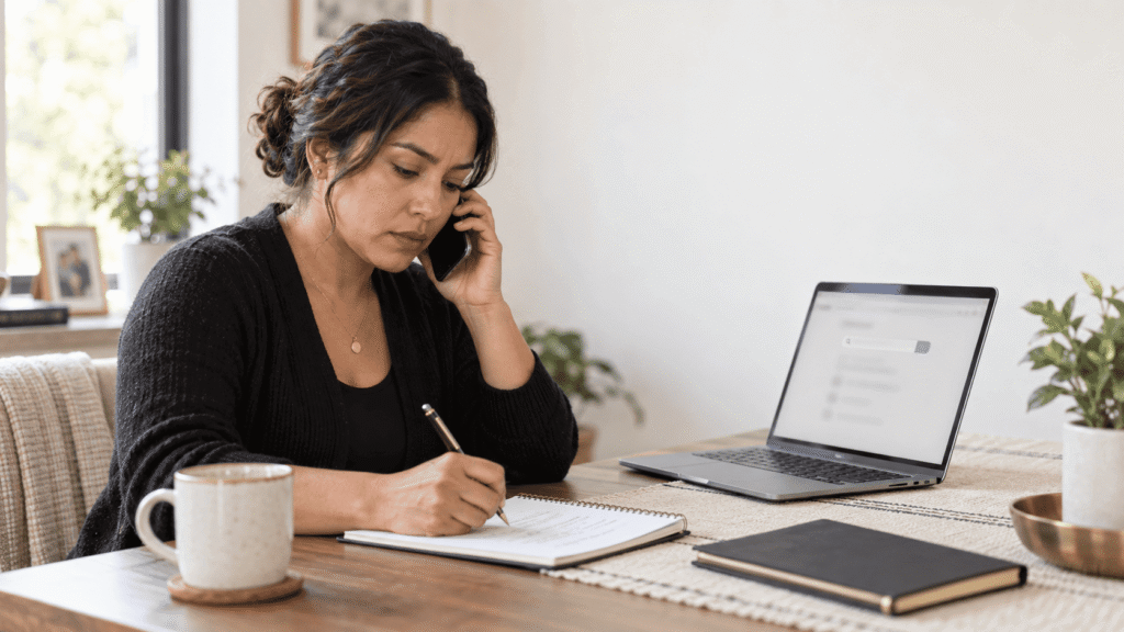 Family member making a follow-up call while reviewing notes after an ICE detention transfer.