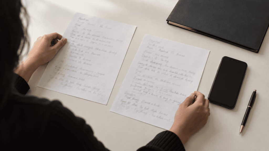 Family member organizing phone notes and facility information after receiving conflicting transfer updates.