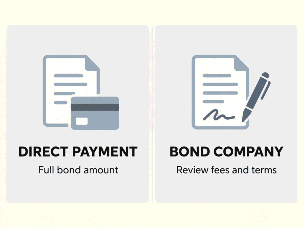 Two-column illustration distinguishing direct immigration bond payment from a bond company contract