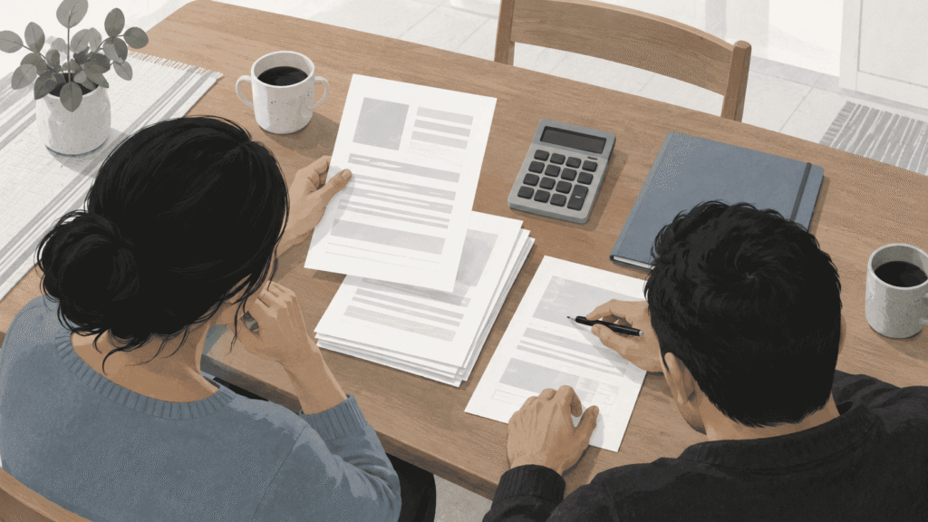 Familia revisando documentos y el presupuesto del hogar para preparar el pago de una fianza migratoria.