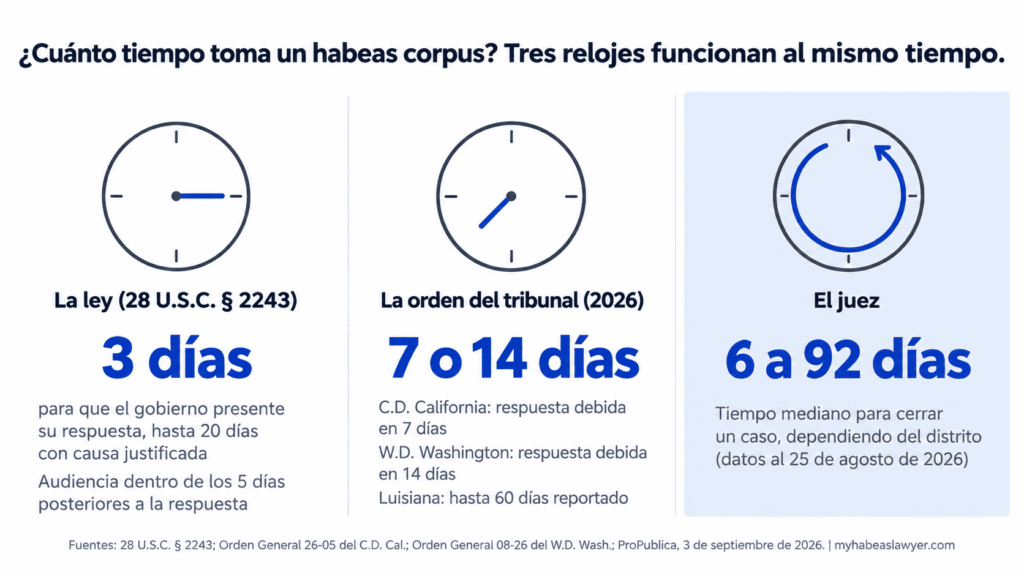 Infografía de los tres relojes de un hábeas corpus migratorio: los plazos del 28 U.S.C. § 2243, las órdenes de calendario de los tribunales y la mediana de días hasta la decisión.