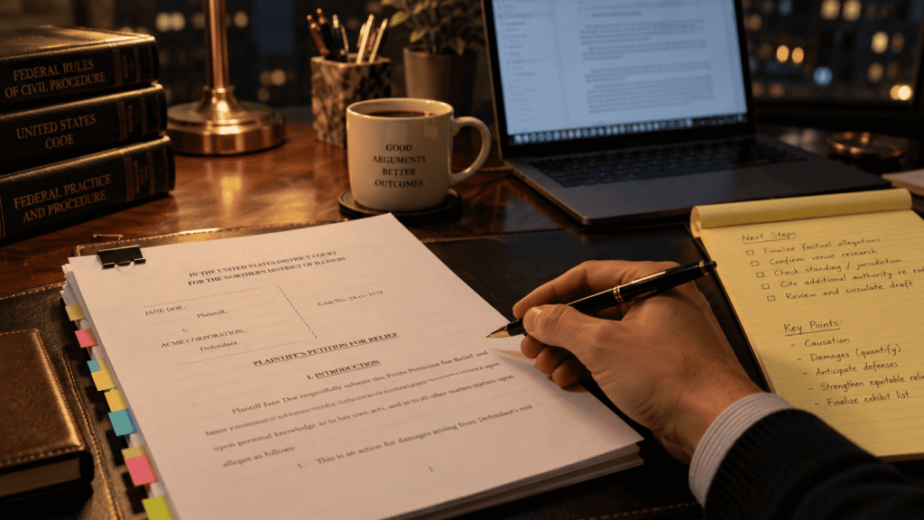 Attorney’s hand marking a tabbed draft habeas petition beside a laptop on a desk at night showing what does a habeas lawyer do.
