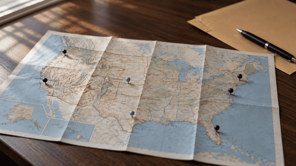 Folded road map of the United States with pins marking detention locations, the starting point for finding which federal circuit’s bond rules apply to a detained relative.