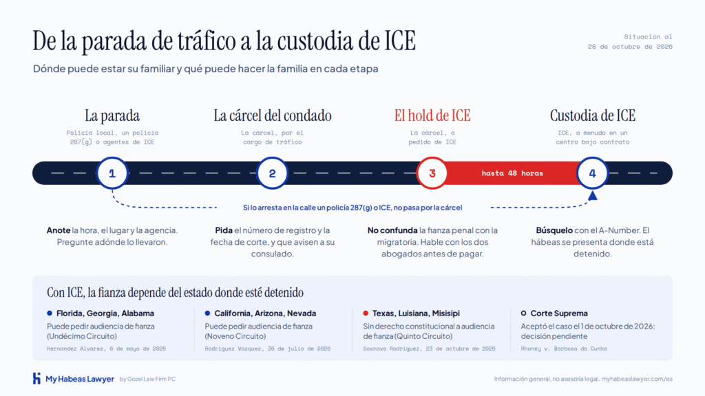 Infografía de cómo una parada de tráfico puede terminar en detención de ICE: la parada, el registro en la cárcel del condado, el hold de ICE de hasta 48 horas y la custodia de ICE, con reglas de fianza distintas según el estado al 28 de octubre de 2026