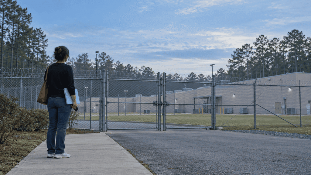 Una familiar con una carpeta de documentos frente a la entrada cercada de un centro de detención migratoria rodeado de pinos, el entorno que encuentran las familias en el Central Louisiana ICE Processing Center de Jena.