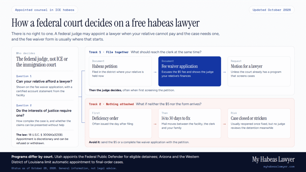 Infographic showing how a federal court decides on a free habeas lawyer for an ICE detainee: the petition, the fee waiver application and a motion for counsel are filed together, and a missing fee or form leads to a deficiency order and a closed or stricken case