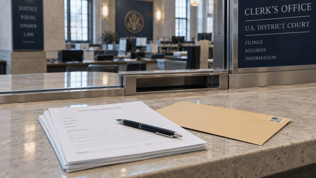 Blank court forms, a pen and a stamped envelope on a clerk’s office counter, the paperwork behind a request for a free habeas lawyer