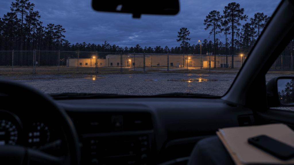 Alacakaranlıkta park etmiş bir arabadan kuzey Louisiana’daki çitle çevrili bir gözaltı tesisine bakış; Jackson Parish Correctional Center’daki yakınlarını görmeye giden ailelerin yolu.