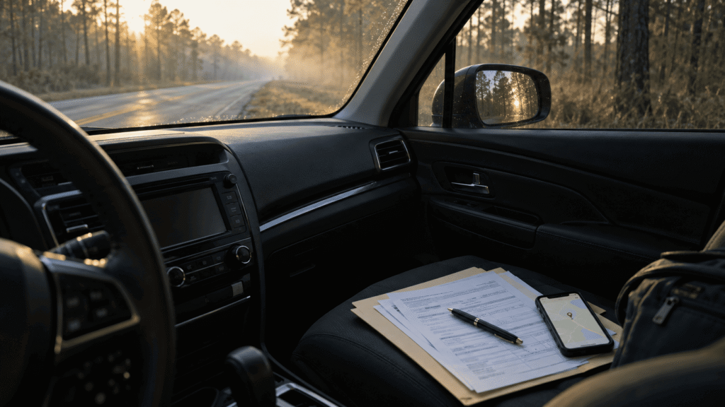 A folder of immigration papers and a phone on a car seat on a pine-lined road in rural Louisiana, the drive toward Pine Prairie ICE Processing Center