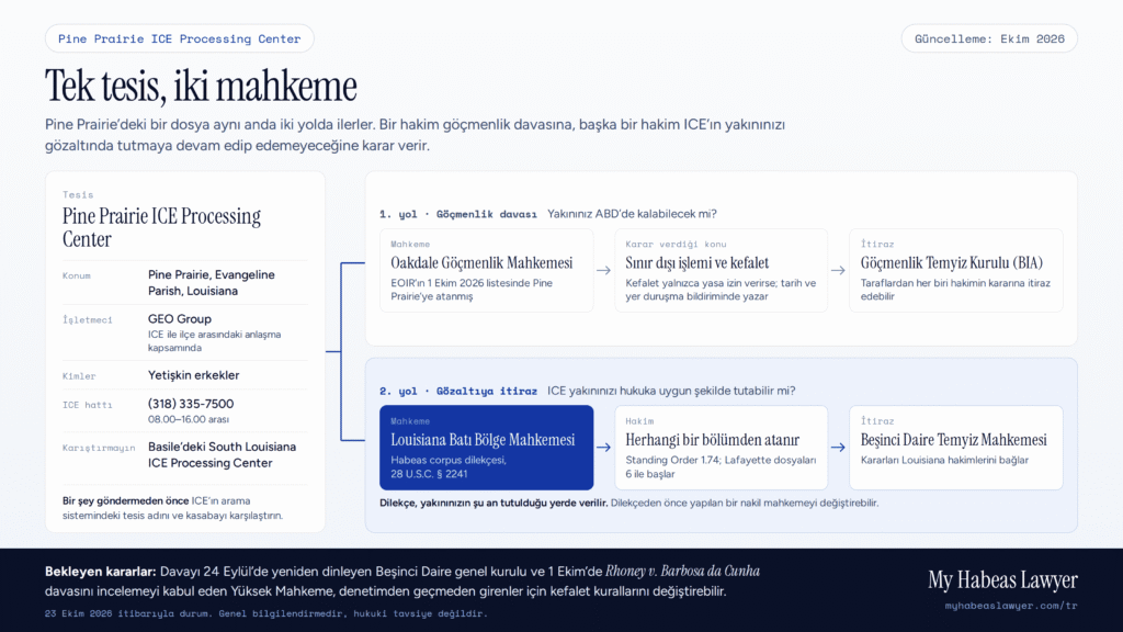 Pine Prairie ICE Processing Center’daki bir dosyanın iki yolda ilerlediğini gösteren infografik: Oakdale Göçmenlik Mahkemesi’nde sınır dışı ve kefalet, Louisiana Batı Bölge Mahkemesi’nde habeas corpus dilekçesi