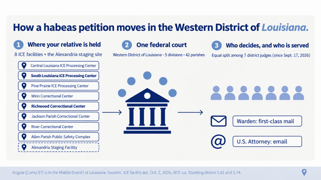 Infographic showing how a Western District of Louisiana immigration habeas petition moves from an ICE facility to the court, a district-wide judge assignment and service on the warden and the U.S. Attorney.