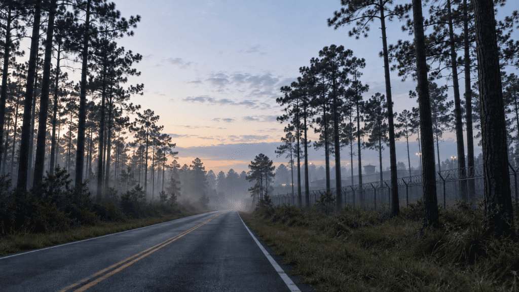 Camino entre pinos al amanecer en la zona rural de la parroquia de Winn, Luisiana, donde está Winn Correctional Center y donde las familias buscan ayuda de hábeas corpus.